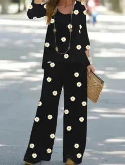 Women's 2 Pieces Basic Neon & Bright Shirt Blouse 3/4 Length Sleeve V Neck Floral Print Casual Linen Like Black Summer Regular Fit