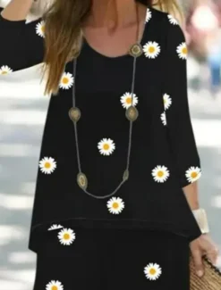 Women's 2 Pieces Basic Neon & Bright Shirt Blouse 3/4 Length Sleeve V Neck Floral Print Casual Linen Like Black Summer Regular Fit
