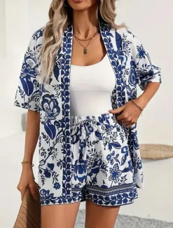 Women's 2 Pieces Elegant Fashion Streetwear Shorts Sets Half Sleeve V Neck Floral Print Outdoor Work Casual Black Royal Blue Blue Summer Regular Fit