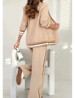 Women's 2 Pieces Elegant Fashion Streetwear Pants Sets Blazer Suits Long Sleeve Shirt Collar Striped Outdoor Work Black White Brown Summer Regular Fit