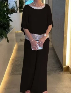 Women's 2 Pieces Fashion Streetwear Daily Pants Sets 3/4 Length Sleeve Crew Neck Solid Color Sequins Patchwork Casual Daily Black White Pink Summer Regular Fit