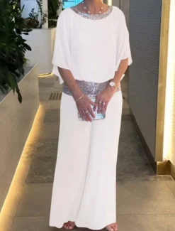 Women's 2 Pieces Fashion Streetwear Daily Pants Sets 3/4 Length Sleeve Crew Neck Solid Color Sequins Patchwork Casual Daily Black White Pink Summer Regular Fit