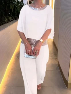 Women's 2 Pieces Fashion Streetwear Daily Pants Sets 3/4 Length Sleeve Crew Neck Solid Color Sequins Patchwork Casual Daily Black White Pink Summer Regular Fit