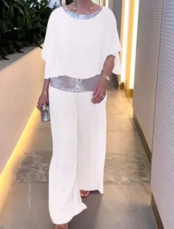 Women's 2 Pieces Fashion Streetwear Daily Pants Sets 3/4 Length Sleeve Crew Neck Solid Color Sequins Patchwork Casual Daily Black White Pink Summer Regular Fit