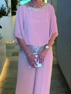 Women's 2 Pieces Fashion Streetwear Daily Pants Sets 3/4 Length Sleeve Crew Neck Solid Color Sequins Patchwork Casual Daily Black White Pink Summer Regular Fit