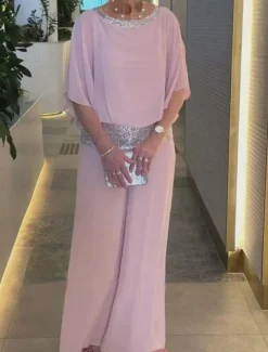 Women's 2 Pieces Fashion Streetwear Daily Pants Sets 3/4 Length Sleeve Crew Neck Solid Color Sequins Patchwork Casual Daily Black White Pink Summer Regular Fit