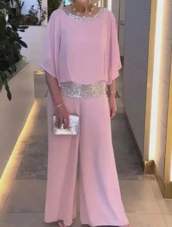 Women's 2 Pieces Fashion Streetwear Daily Pants Sets 3/4 Length Sleeve Crew Neck Solid Color Sequins Patchwork Casual Daily Black White Pink Summer Regular Fit