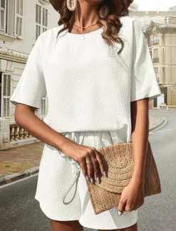 Women's 2 Pieces Fashion Streetwear Daily Shorts Sets Short Sleeve Crew Neck Solid Color Drawstring Casual Daily Black White Pink Summer Loose Fit