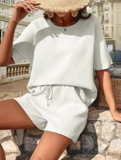 Women's 2 Pieces Fashion Streetwear Daily Shorts Sets Short Sleeve Crew Neck Solid Color Drawstring Casual Daily Black White Pink Summer Loose Fit
