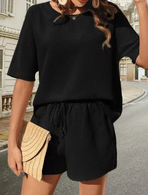 Women's 2 Pieces Fashion Streetwear Daily Shorts Sets Short Sleeve Crew Neck Solid Color Drawstring Casual Daily Black White Pink Summer Loose Fit