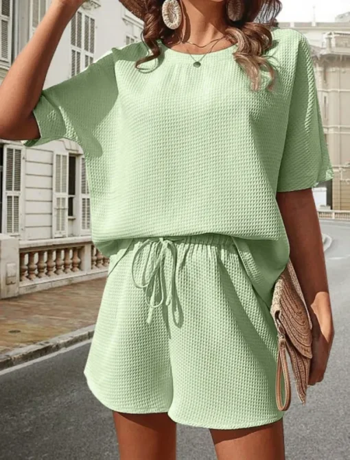 Women's 2 Pieces Fashion Streetwear Daily Shorts Sets Short Sleeve Round Neck Graphic Drawstring Casual Daily White Pink Green Summer Regular Fit
