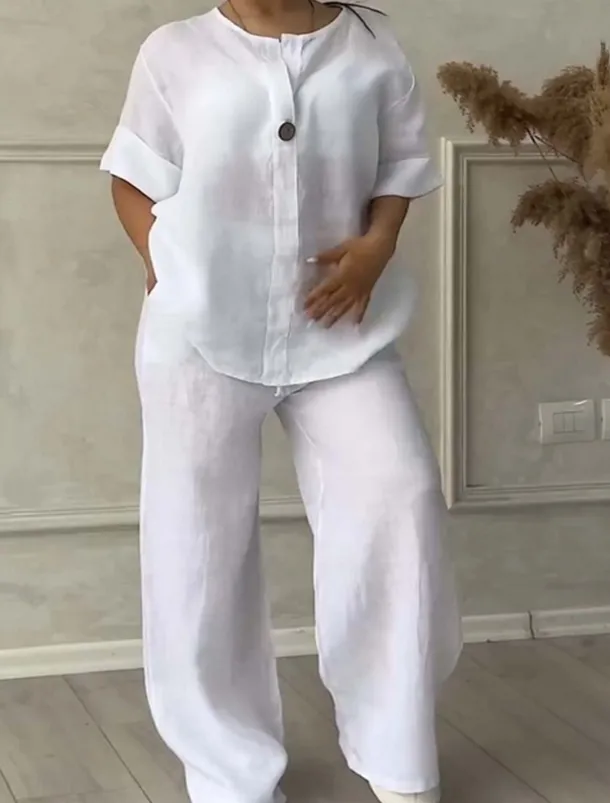 Women's 2 Pieces Set Elegant Fashion Streetwear Shirt Blouse Short Sleeve Shirt Collar Solid Color Outdoor Work Casual White Pink Army Green Summer Regular Fit