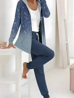 Women's 2 Pieces Tracksuits Pants Sets Long Sleeve Active Daily Hoodie Hooded Floral Graphic Drawstring Print Outdoor Casual Black Dark Navy Light Brown Fall & Winter Regular Fit