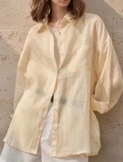 Women's 100% Ramie Shirt Solid Color Elegant Vintage Daily Long Sleeve Shirt Collar Regular Tops Work Daily Holiday Big white Apricot Summer Spring Fall