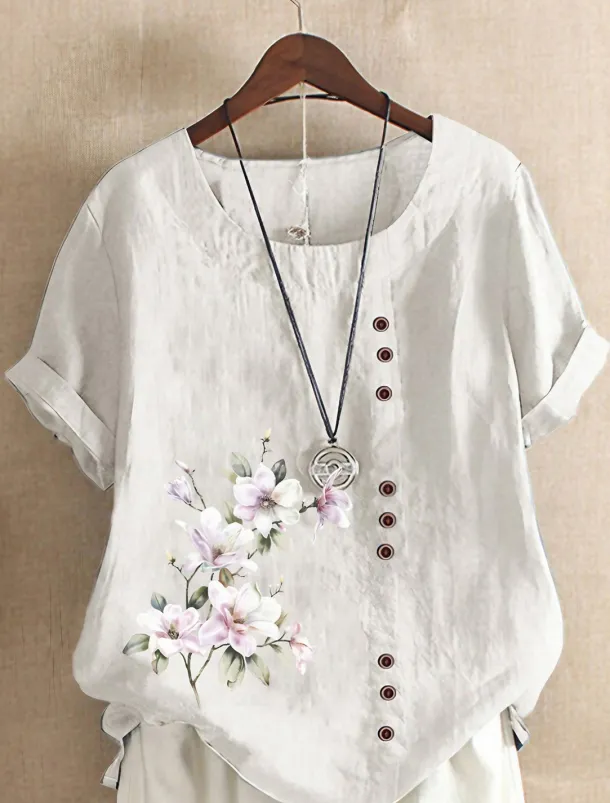 Women's 100% Shirt Blouse Floral Linen Vintage Basic Holiday Short Sleeve Crew Neck Regular Tops Daily Buttons Print White Yellow Pink Lavender Green Summer Spring