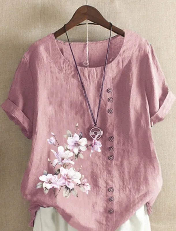 Women's 100% Shirt Blouse Floral Linen Vintage Basic Holiday Short Sleeve Crew Neck Regular Tops Daily Buttons Print White Yellow Pink Lavender Green Summer Spring