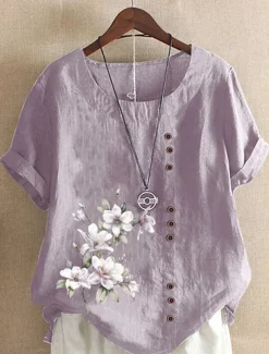 Women's 100% Shirt Blouse Floral Linen Vintage Basic Holiday Short Sleeve Crew Neck Regular Tops Daily Buttons Print White Yellow Pink Lavender Green Summer Spring