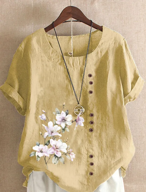 Women's 100% Shirt Blouse Floral Linen Vintage Basic Holiday Short Sleeve Crew Neck Regular Tops Daily Buttons Print White Yellow Pink Lavender Green Summer Spring