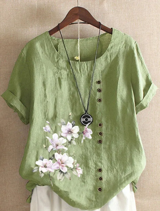 Women's 100% Shirt Blouse Floral Linen Vintage Basic Holiday Short Sleeve Crew Neck Regular Tops Daily Buttons Print White Yellow Pink Lavender Green Summer Spring