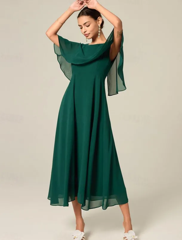 Women's Wedding Guest Cocktail Dress Chiffon Ruffle Elegant Formal Midi A Line Dress Crew Neck Short Sleeve Flared Sleeve Dark Green Color