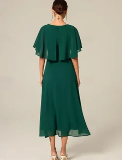 Women's Wedding Guest Cocktail Dress Chiffon Ruffle Elegant Formal Midi A Line Dress Crew Neck Short Sleeve Flared Sleeve Dark Green Color