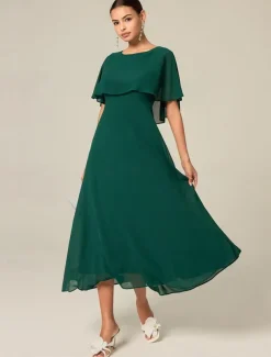 Women's Wedding Guest Cocktail Dress Chiffon Ruffle Elegant Formal Midi A Line Dress Crew Neck Short Sleeve Flared Sleeve Dark Green Color
