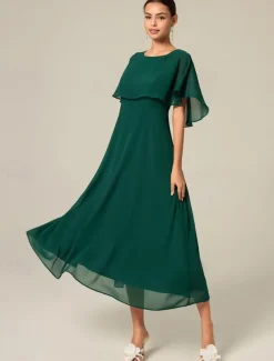 Women's Wedding Guest Cocktail Dress Chiffon Ruffle Elegant Formal Midi A Line Dress Crew Neck Short Sleeve Flared Sleeve Dark Green Color