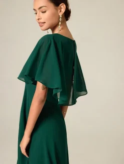 Women's Wedding Guest Cocktail Dress Chiffon Ruffle Elegant Formal Midi A Line Dress Crew Neck Short Sleeve Flared Sleeve Dark Green Color