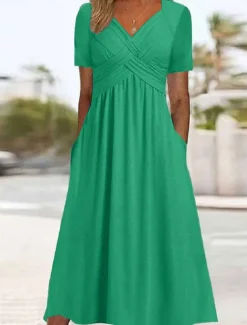 Women's A Line Dress Maxi Dress Pocket Basic Casual V Neck Short Sleeve Black Red Blue Color