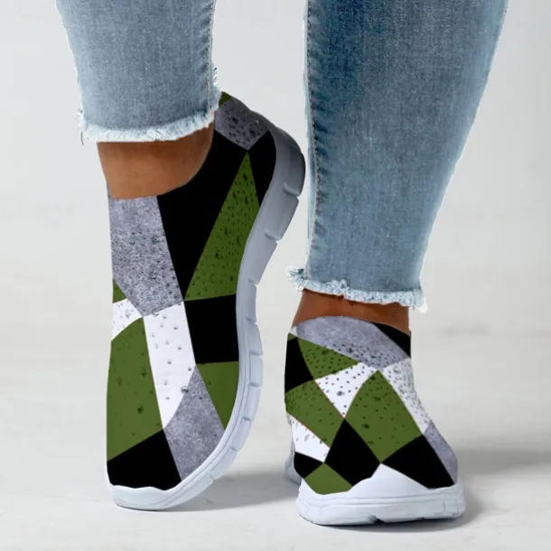 Women's Abstract Art Print Slip-On Sneakers - Breathable Flyknit Casual Shoes for Everyday Wear and Comfort