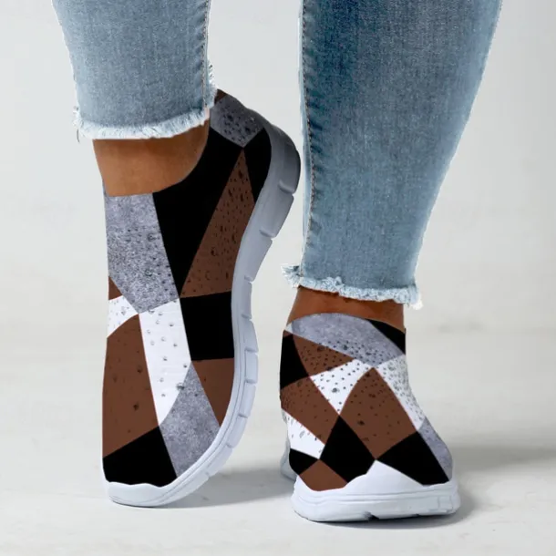 Women's Abstract Art Print Slip-On Sneakers - Breathable Flyknit Casual Shoes for Everyday Wear and Comfort