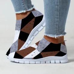 Women's Abstract Art Print Slip-On Sneakers - Breathable Flyknit Casual Shoes for Everyday Wear and Comfort