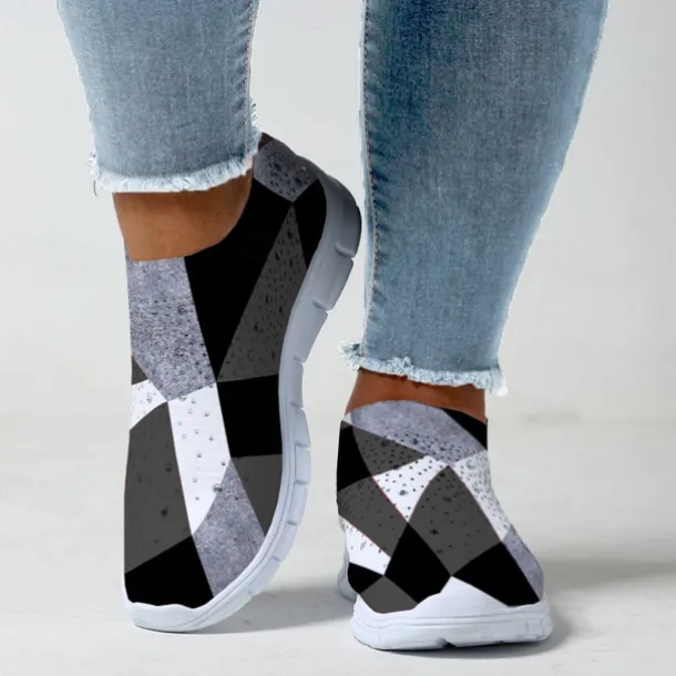 Women's Abstract Art Print Slip-On Sneakers - Breathable Flyknit Casual Shoes for Everyday Wear and Comfort