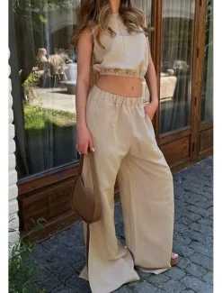 Women's Active Basic Cotton Linen Sets Two Piece Sets Blouse Sleeveless Crew Neck Solid Color Split Thigh Daily Holiday Weekend White Khaki Summer Regular Fit