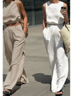 Women's Active Basic Cotton Linen Sets Two Piece Sets Blouse Sleeveless Crew Neck Solid Color Split Thigh Daily Holiday Weekend White Khaki Summer Regular Fit