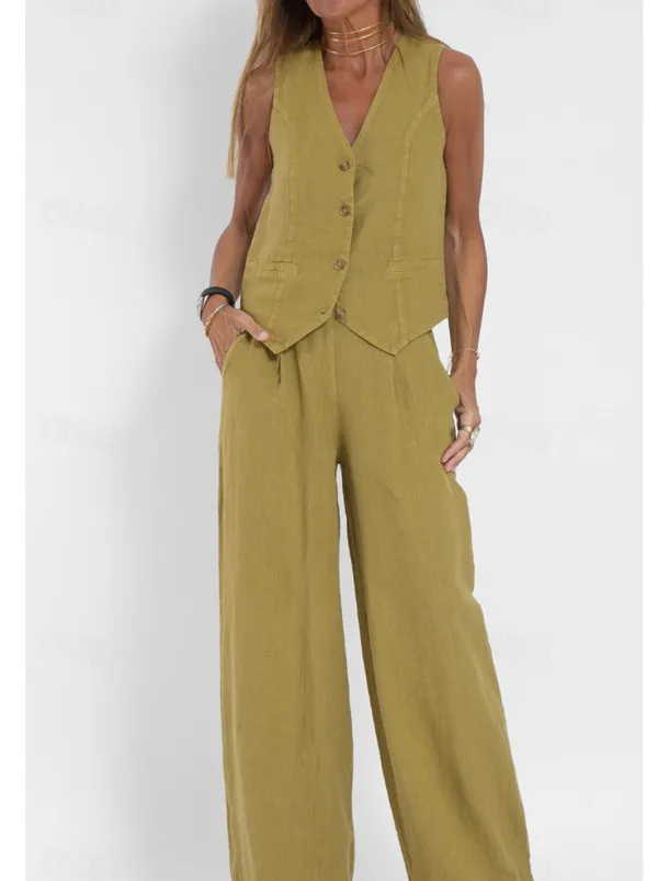 Women's Active Basic Linen-Inspired Sets Two Piece Sets Blouse Sleeveless V Neck Solid Color Dubbele Rij Knopen Vacation Casual Daily Black White Wine Summer Regular Fit