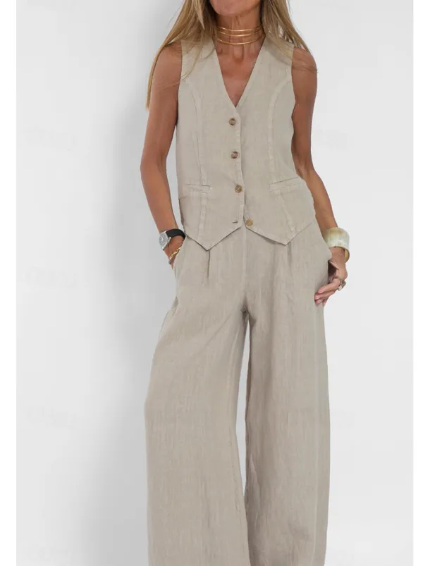 Women's Active Basic Linen-Inspired Sets Two Piece Sets Blouse Sleeveless V Neck Solid Color Dubbele Rij Knopen Vacation Casual Daily Black White Wine Summer Regular Fit