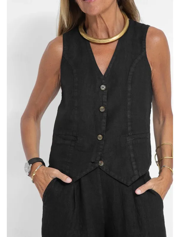 Women's Active Basic Linen-Inspired Sets Two Piece Sets Blouse Sleeveless V Neck Solid Color Dubbele Rij Knopen Vacation Casual Daily Black White Wine Summer Regular Fit