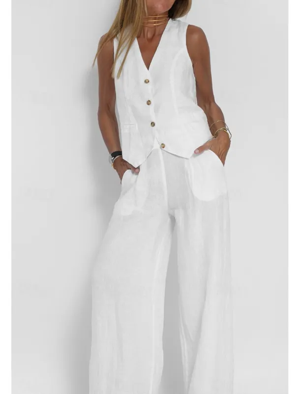 Women's Active Basic Linen-Inspired Sets Two Piece Sets Blouse Sleeveless V Neck Solid Color Dubbele Rij Knopen Vacation Casual Daily Black White Wine Summer Regular Fit