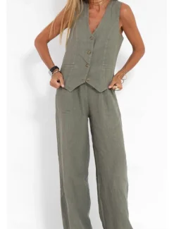 Women's Active Basic Linen-Inspired Sets Two Piece Sets Blouse Sleeveless V Neck Solid Color Dubbele Rij Knopen Vacation Casual Daily Black White Wine Summer Regular Fit