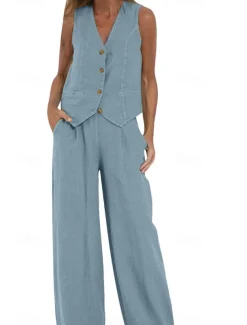 Women's Active Basic Linen-Inspired Sets Two Piece Sets Blouse Sleeveless V Neck Solid Color Dubbele Rij Knopen Vacation Casual Daily Black White Wine Summer Regular Fit