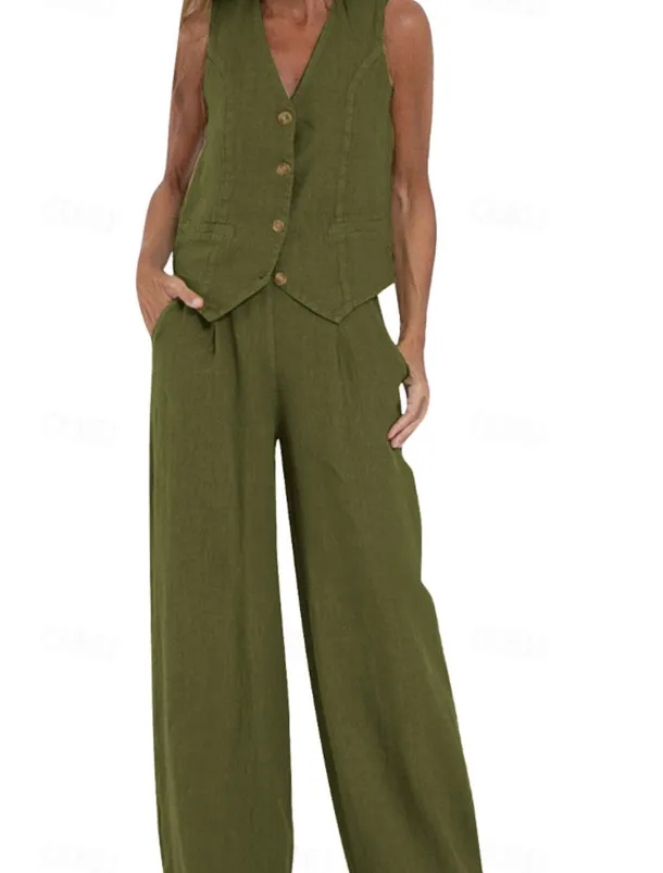 Women's Active Basic Linen-Inspired Sets Two Piece Sets Blouse Sleeveless V Neck Solid Color Dubbele Rij Knopen Vacation Casual Daily Black White Wine Summer Regular Fit