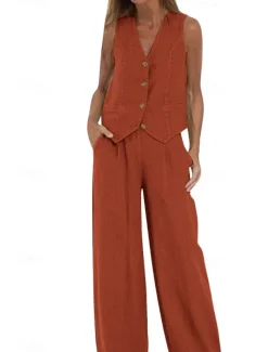 Women's Active Basic Linen-Inspired Sets Two Piece Sets Blouse Sleeveless V Neck Solid Color Dubbele Rij Knopen Vacation Casual Daily Black White Wine Summer Regular Fit