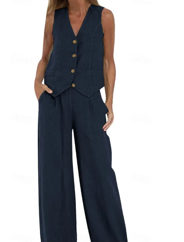 Women's Active Basic Linen-Inspired Sets Two Piece Sets Blouse Sleeveless V Neck Solid Color Dubbele Rij Knopen Vacation Casual Daily Black White Wine Summer Regular Fit