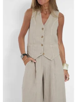 Women's Active Basic Linen-Inspired Sets Two Piece Sets Blouse Sleeveless V Neck Solid Color Dubbele Rij Knopen Vacation Casual Daily Black White Wine Summer Regular Fit