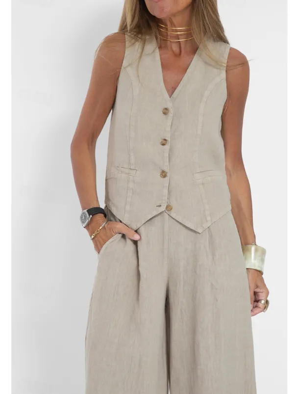 Women's Active Basic Linen-Inspired Sets Two Piece Sets Blouse Sleeveless V Neck Solid Color Dubbele Rij Knopen Vacation Casual Daily Black White Wine Summer Regular Fit