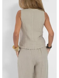 Women's Active Basic Linen-Inspired Sets Two Piece Sets Blouse Sleeveless V Neck Solid Color Dubbele Rij Knopen Vacation Casual Daily Black White Wine Summer Regular Fit