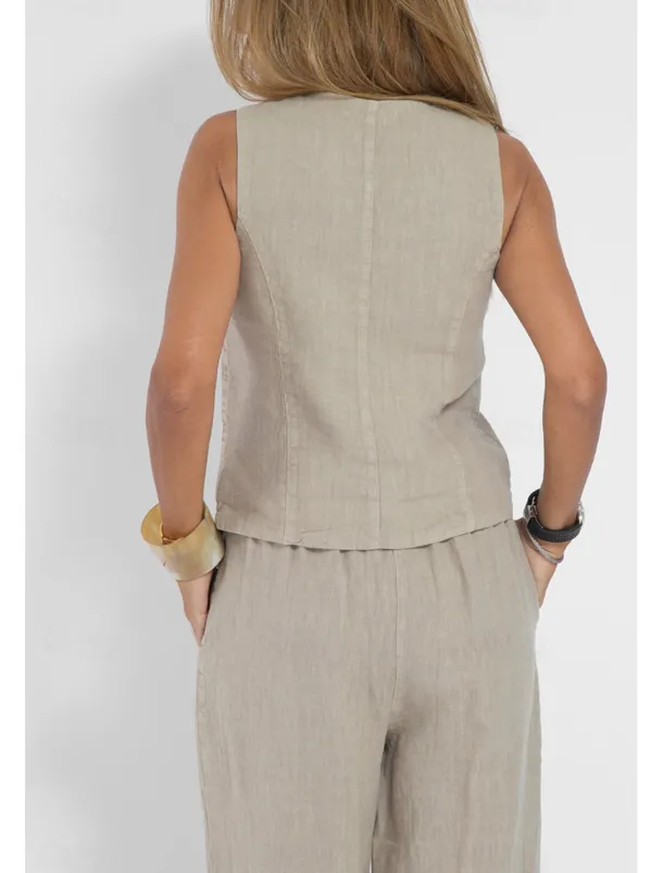 Women's Active Basic Linen-Inspired Sets Two Piece Sets Blouse Sleeveless V Neck Solid Color Dubbele Rij Knopen Vacation Casual Daily Black White Wine Summer Regular Fit