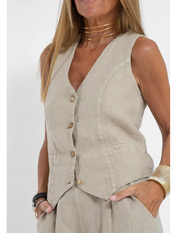 Women's Active Basic Linen-Inspired Sets Two Piece Sets Blouse Sleeveless V Neck Solid Color Dubbele Rij Knopen Vacation Casual Daily Black White Wine Summer Regular Fit