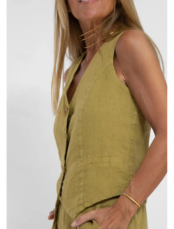 Women's Active Basic Linen-Inspired Sets Two Piece Sets Blouse Sleeveless V Neck Solid Color Dubbele Rij Knopen Vacation Casual Daily Black White Wine Summer Regular Fit